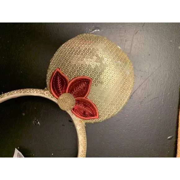 Disney Park Minnie Mouse Ears Gold Sequin Feather Roaring 20s Flapper Flower EUC